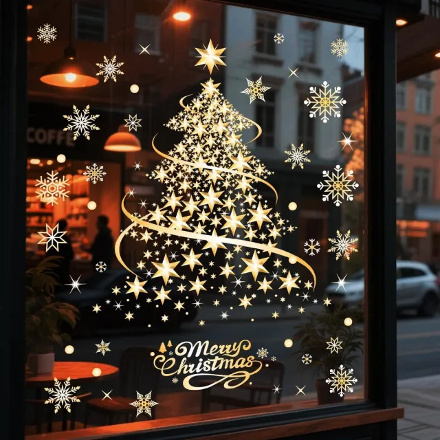 SNQ Kerstboom Raamstickers voor Glas - 2 paar - Raamsticker- Gouden Kerstboom Raamdecoratie – Grote Gouden Raamdecoratie – Zelfklevend – Verwijderbaar zonder Resten – Voor Deur, Muur en Raam- Kleurrijk en Opvallend Ontwerp - Creëert een Feestelijke Sfeer