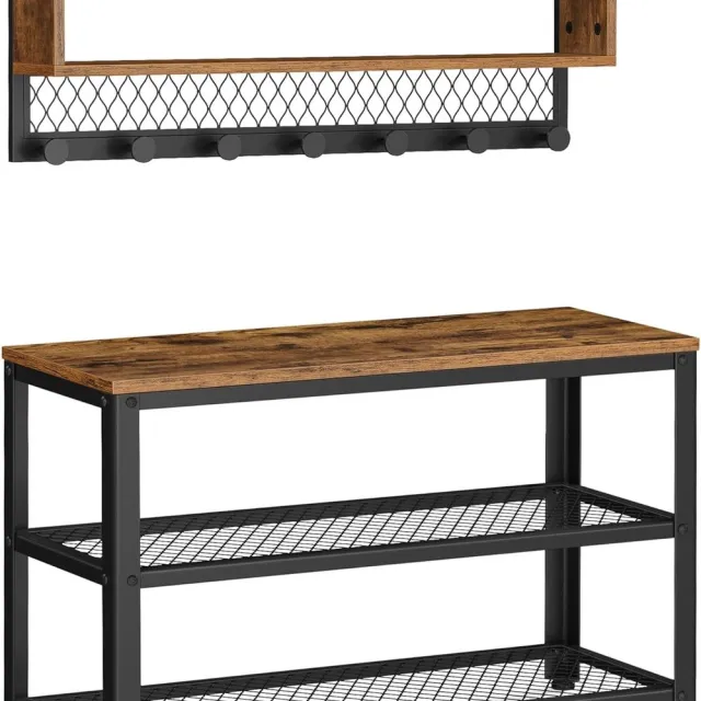 MAZAZU Kapstok met schoenenbank - Halset met wandkapstok en schoenenrek - 7 haken - Bruin/Zwart