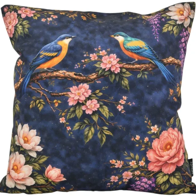 NOVÉE Sierkussen Midnight Blossom Birds #2 | 45x45 cm | Katoen/Polyester blauw