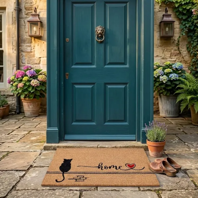 Maison Elara Deurmat Kokos 40x60 cm - Natuurlijke Kokosmat Antislip met Zwarte Kattenmotief - Voor Binnen en Buitengebruik