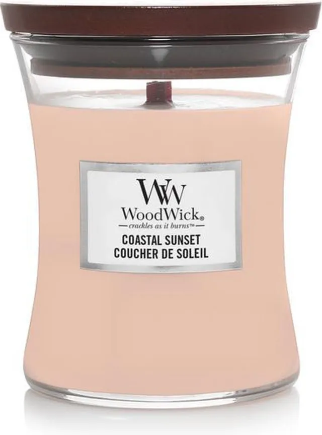 Woodwick Hourglass Medium Geurkaars - Coastal Sunset - 60 branduren Pink