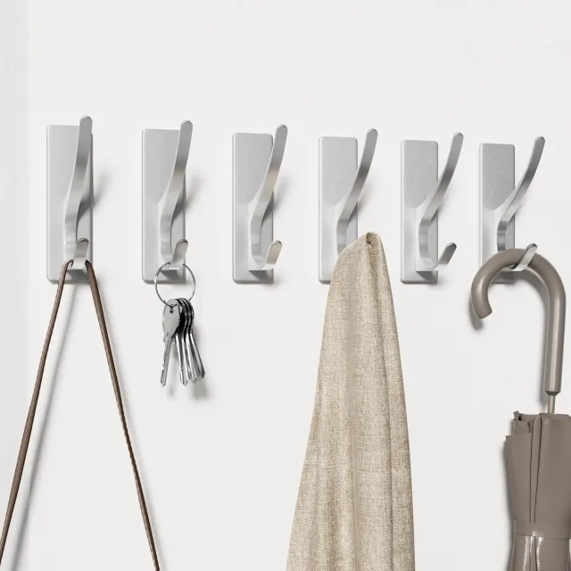 Metal Zelfklevende haken, extra sterk, houdt tot 6 kg, metalen deurhaken, handdoekhaken, roestvrij, zelfklevende haken, douchehaken zonder boren, zilver, 6 stuks