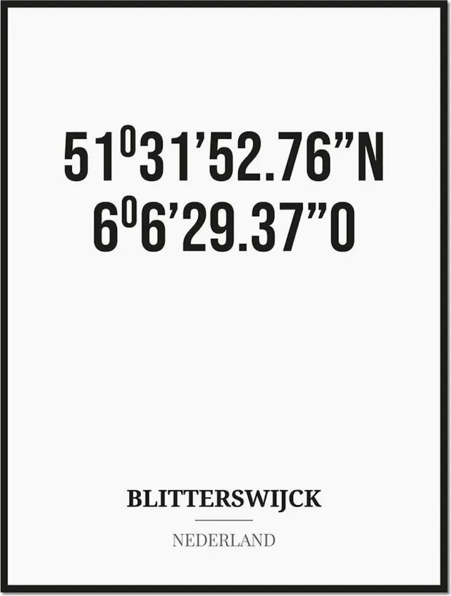 Studio216 Poster/kaart BLITTERSWIJCK met coördinaten zwart, wit