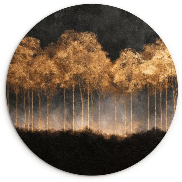 WallCircle Wandcirkel 140x140 cm - Muurcirkel Gouden Bomen in Mistig Landschap - Muurdecoratie woonkamer - Wanddecoratie slaapkamer - Kamer decoratie accessoires - Ronde schilderijen Bomen - Mist - Goud