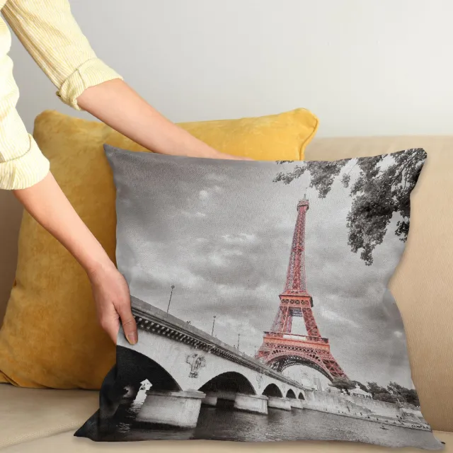 ABAKUHAUS Paris Sierkussenhoes, Eiffel Tower Bridge Capital Stad Cloudscape Monochroom Stijl Afbeelding Print, Decoratieve Vierkante Sierkussenhoes, 45 x 45 cm, Dimgray Salmon
