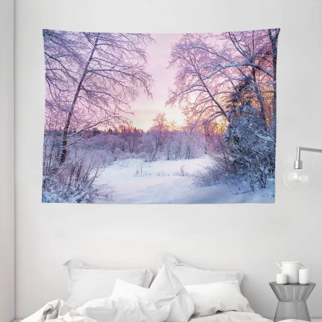 ABAKUHAUS Landschapstapijt en sprei, Takken Besneeuwde Zonsondergang, 230 x 140 cm, Lavendelpaars Wit