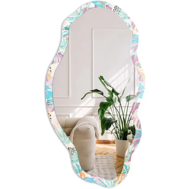 Coloray Tropisch Patroon Spiegel - Turkoois Stijlvolle Wandspiegel - Organische Spiegel - Slaapkamer, Kantoor, Woonkamer - Modern - 45x90 cm - Totale afmeting 52x97 cm Tropisch Patroon, Turquoise