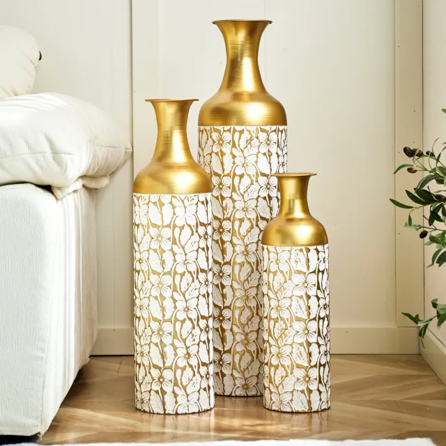 DESMIU Bodenvaas Set van 3 – Goud Wit Met Bloemenmotief – 50,01 65,99 84,99 Cm – Metaal – Voor Binnen En Buiten