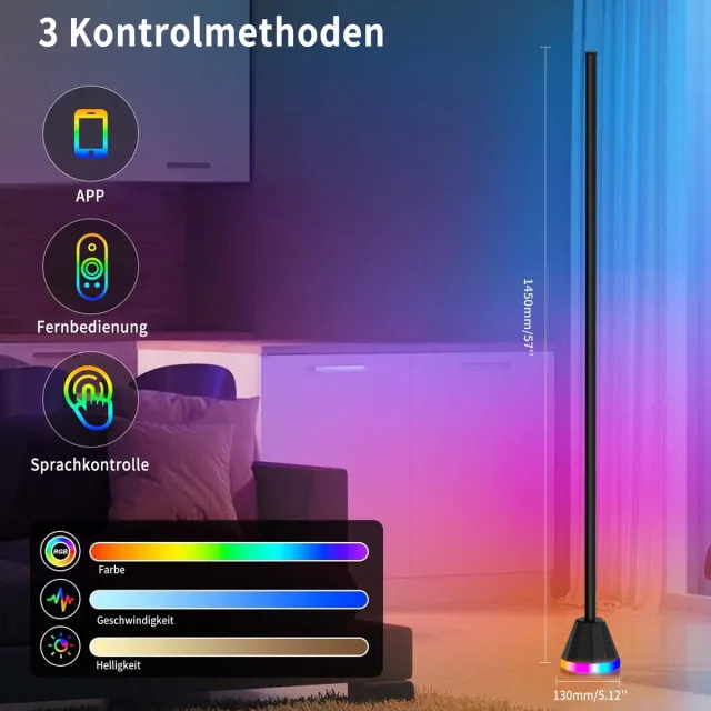 Rayofi LED-vloerlamp -145 cm-LED vloerlamp dimbaar RGBIC - Vloerverlichting - Wit licht/meerkleurige sfeerverlichting - Ondersteunt bediening via app en afstandsbediening - Creëert de perfecte sfeer voor slaapkamers, woonkamers en speelkamers zwart