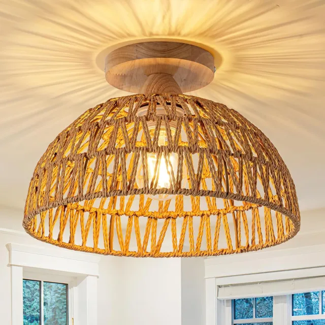 BENALLA Boho Rotan Kroonluchter / Plafondlamp - Natuurlijke Houten Plafondlamp In Landelijke Stijl - Voor Slaapkamer Keuken Beige