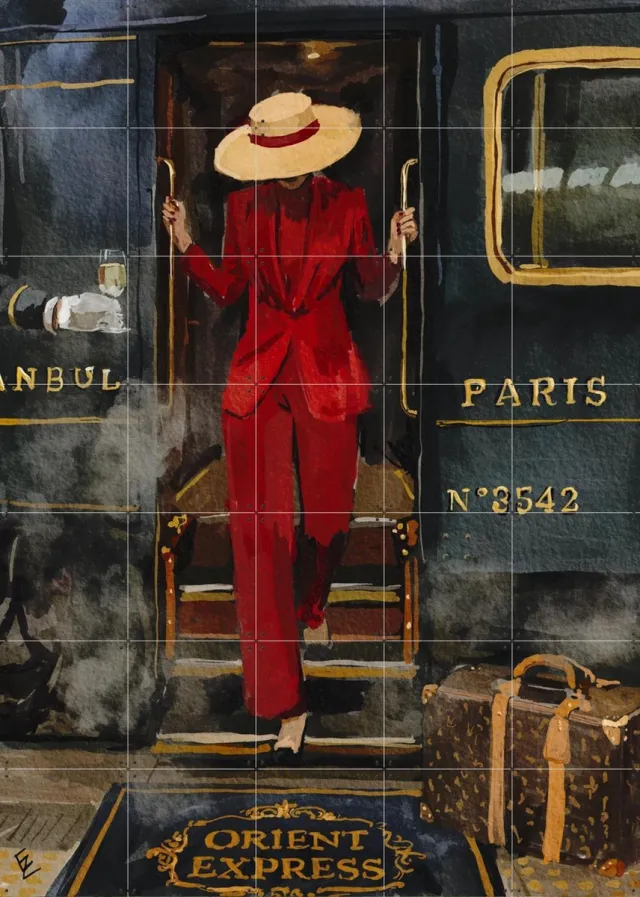 IXXI Orient Express, Ekaterina Zagorska - 100 x 140 cm - Grote wanddecoratie en posters - Illustraties, Aquarel, Trap, Gang, Slaapkamer, Voertuigen Rood / Blauw