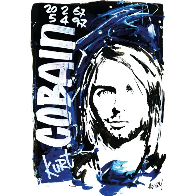 De Opmakerij KURT COBAIN * NIRVANA * - uniek sign painted kunstwerk op wit dibond 60 x 80 cm full-colour