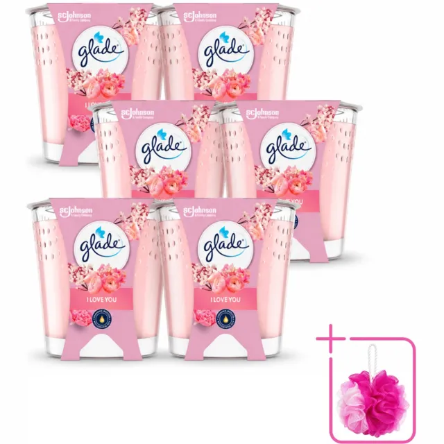 Glade 6 x Glade - Geurkaars I Love You - 100% Raapzaadwas & Vegan - 112 g - Bulkverpakking - Geurkaars - Douchemop - Vegan roze