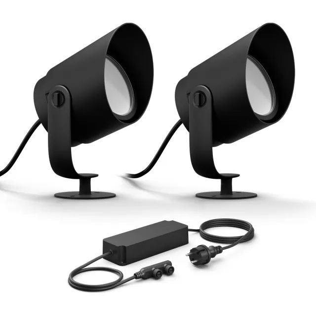 Philips Hue Lily XL Basisset van 2 Tuinspots (Antraciet) - Wit en Gekleurd Licht - Incl. 1 Voedingskabel - Tuinverlichting - Hue White and Color Ambiance Zwart