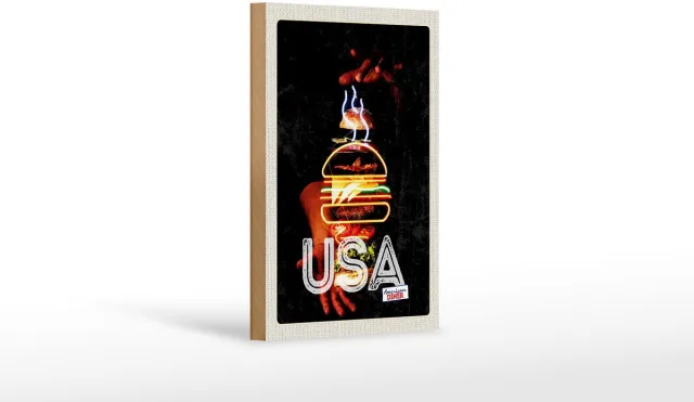 Femer Holzschild Reise 12x18 cm Amerika USA American Burger Gerichte