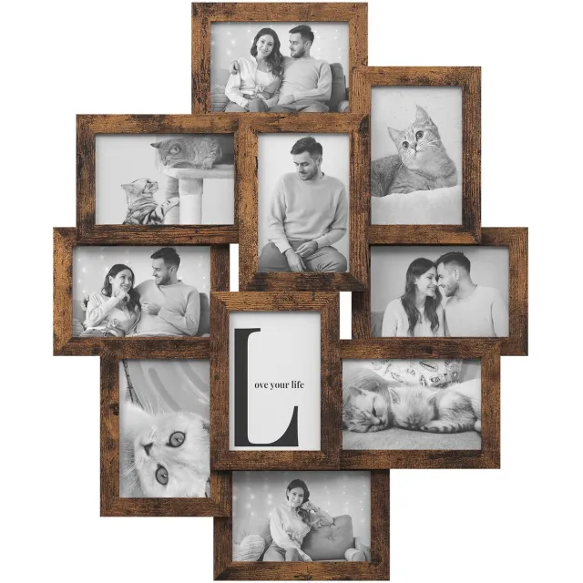 Songmics Lijst - Fotolijst - Voor 10 Foto's van 10 x 15 cm - Gemaakt van MDF - Eenvoudige Montage Vintagebruin