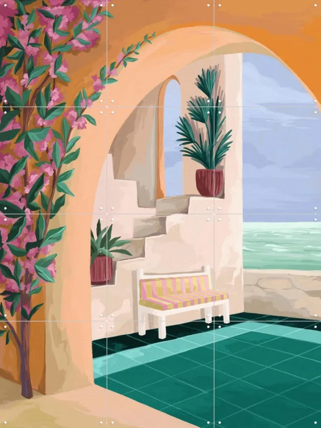 IXXI Bench With A View, Goed Blauw - 60 x 80 cm - Grote wanddecoratie en posters - Speels, Fantasierijk, Digitale Kunst, Kleurrijk, Modern, Woonkamer Lichte tinten / Groen
