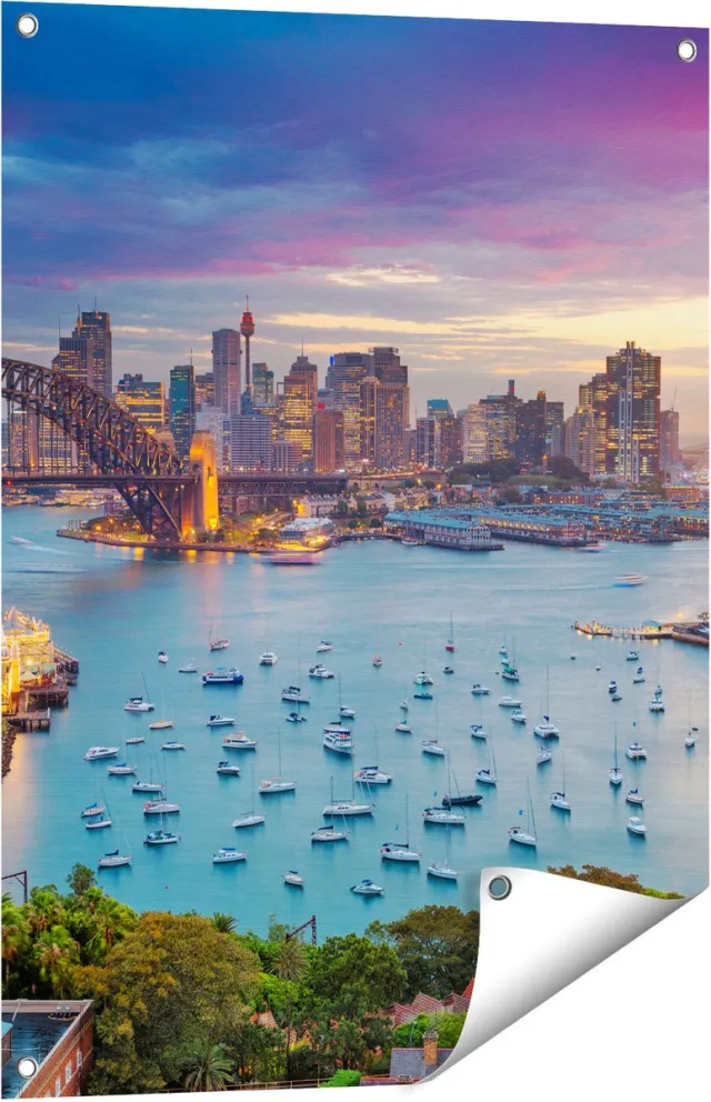 Gards Tuinposter Sydney Harbour Bridge in de Avond - 60x80 cm - Tuindoek - Tuindecoratie - Wanddecoratie buiten - Tuinschilderij Multikleur