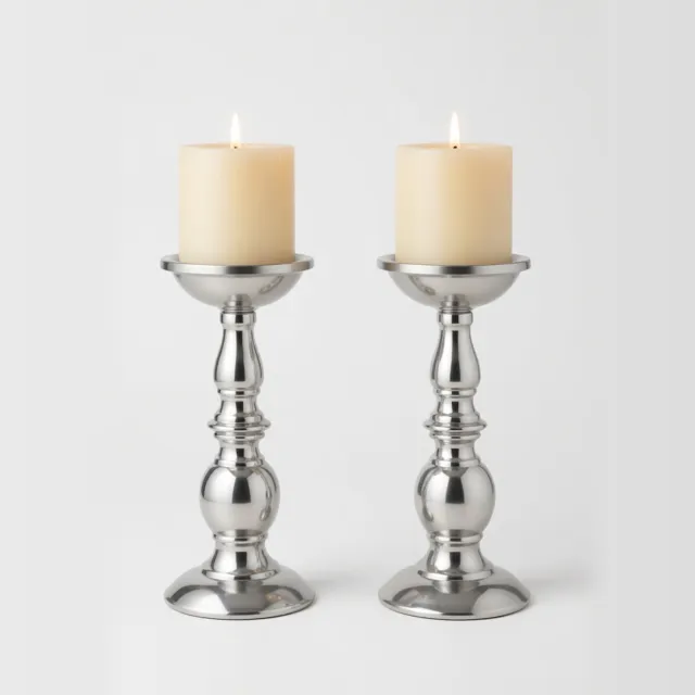 RALA Nuptio Zilveren Pijler Kandelaars - Set van 2 Metalen Kandelaars voor 8 cm Kaarsen - 22,5 cm Hoog - Bruiloft Centerpieces en Woondecoratie