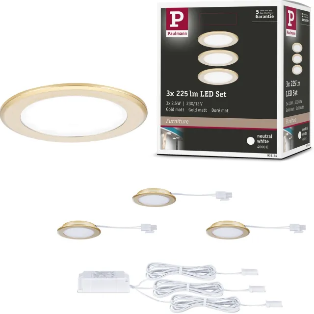 Paulmann LED-meubelinbouwlampen Set van 3 rond 65 mm 3x2,5W 3x180lm 230/12V 4000K Goud mat