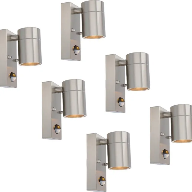 HOFTRONIC Set van 6 Mason Wandlampen - 2700K Warm Wit - Bewegingssensor en Schemerschakelaar - RVS - IP44 Waterdicht - Wandspot voor binnen en buiten