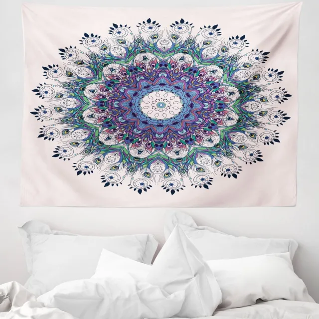 ABAKUHAUS Mandala Wandtapijt en Sprei, Kleurrijke Kunst Pauw, 150 x 110 cm, Multicolor Turquoisepaars