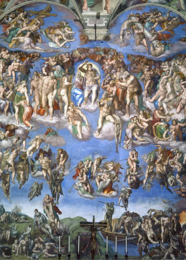 Esque Poster Laatste Ordeel - Michelangelo - Large 70x50 - Vaticaan - Sixtijnse Kapel - Renaissance blauw, groen, wit, oranje