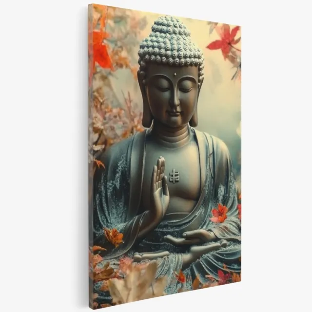 Saammp Canvas Schilderij - Boeddha tussen de Bladeren - Abstract - 100x150 - Foto op canvas - Wanddecoratie - Muurdecoratie Woonkamer - Canvas schilderijen Multicolor