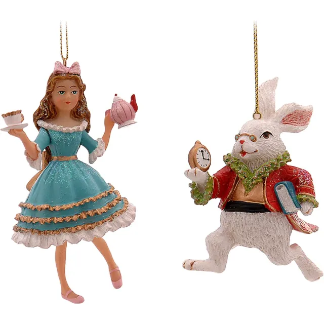 Viv! Christmas Kerstornament - Alice in Wonderland en Konijn - set van 2 - rood blauw - 10cm