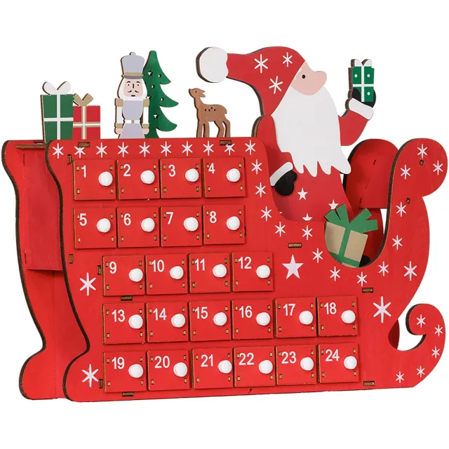 Lunpog Houten kerst-adventskalender in de vorm van de kerstman en zijn slee - voorzien van 24 kleine laatjes - herbruikbaar - kerstversiering - rood