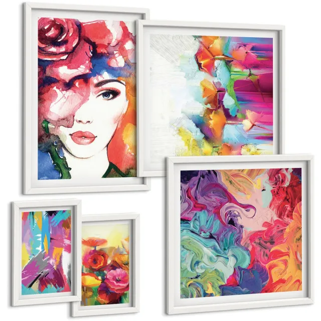 Coloray 5-Delige Schilderij Set - Kleurrijke Abstracte Kunst En Portretten In Een Moderne Stijl. - 50 x 50 cm, 20 x 30 cm En 40 x 60 cm - Wanddecoratie - Moderne Interieurdecoratie - Stijlvolle Muurdecoratie Witte lijst