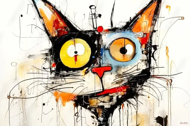 John Joseb Art (Canvas) 120x80 | Gekke kat, poes. abstract modern surrealisme in Joan Miro stijl, kleurrijk, felle kleuren, kunst | dier, rood, geel, zwart, blauw, modern | Foto-Schilderij print (wanddecoratie) | KIES JE MAAT Canvas, dikte 2 cm