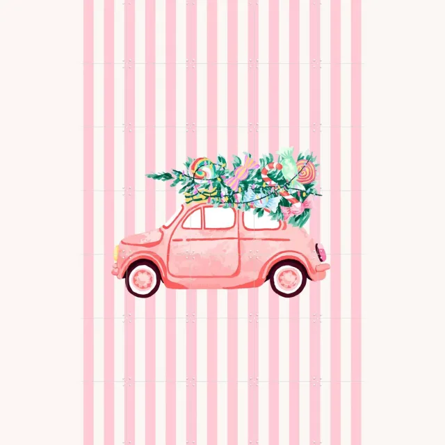 IXXI Candy Christmas Car, Palmartprints - 100 x 140 cm - Grote wanddecoratie en posters - Speels, Kleurrijk, Slaapkamer, Woonkamer, Kerst Roze