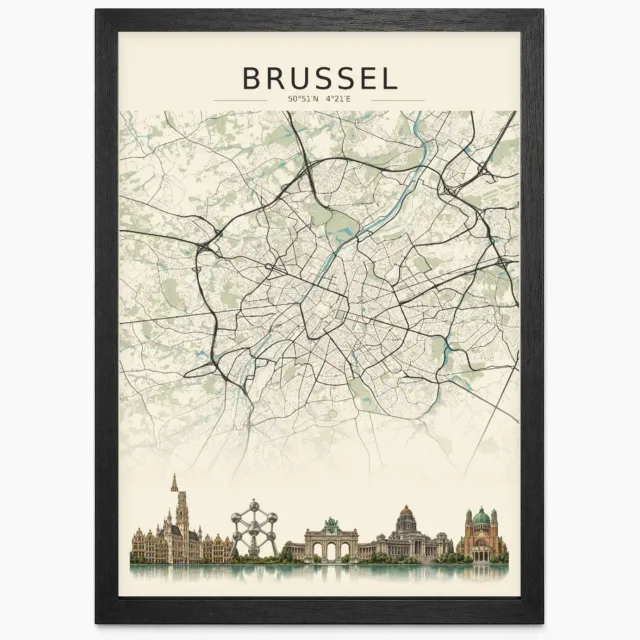Joshimo Brussel Poster | Stadskaart met Skyline | Stadsposter | Inclusief Zwarte A4 Lijst