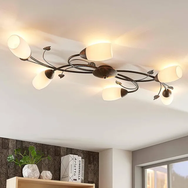Lindby plafondlamp - 6lichts - Glas, metaal - H: 12 cm - E14 - wit, geborsteld zwartgoud