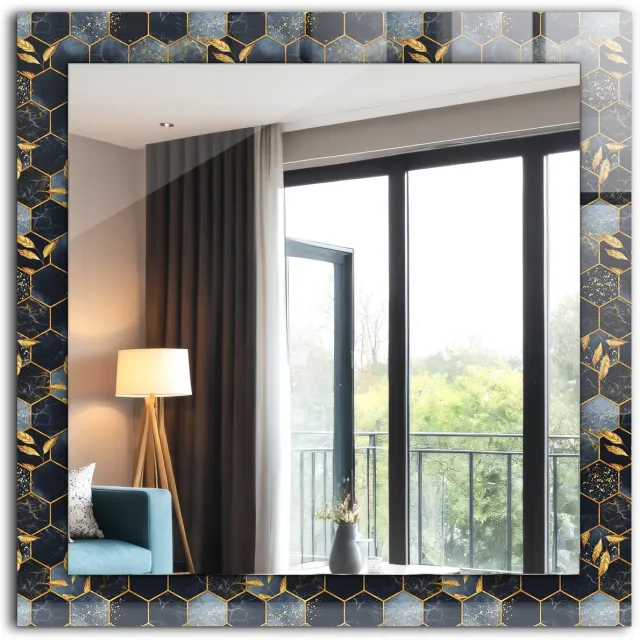 TULUP Spiegel - Vierkante vorm Spiegel - op gehard Glas - Zeshoeken bladeren zwart - 60 x 60 cm - Decoratieve spiegel - Badkamerspiegel - Gangspiegel - Eetkamer - Hal - Visagiespiegel - Minimalistische Spiegel - Hangspiegel