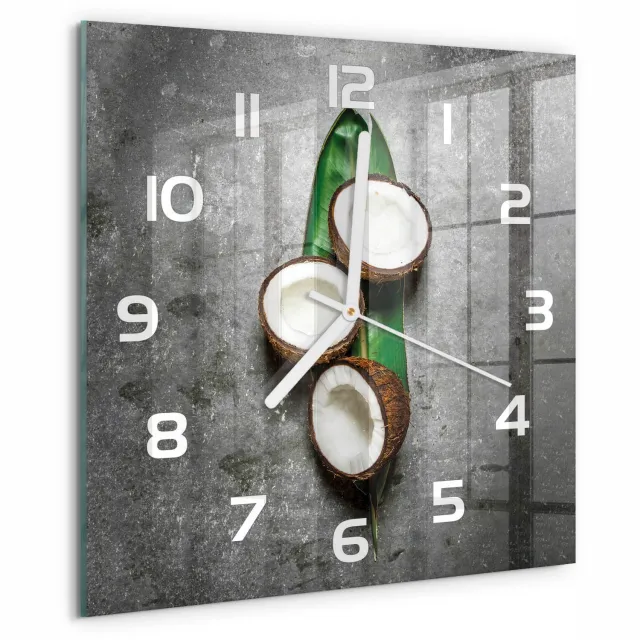 TULUP Wandklok - Een halve kokosnoot Wandklok Glas Met Motief - 30x30 cm - Groente Decoratieve Glazen Klok - Witte handen - Vierkante Klok - Gekleurde Glazen Klok - Glazen Klok Met Print