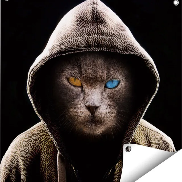 Gards Tuinposter Boze Kat Draagt een Hoodie - 60x60 cm - Tuindoek - Tuindecoratie - Wanddecoratie buiten - Tuinschilderij Multikleur