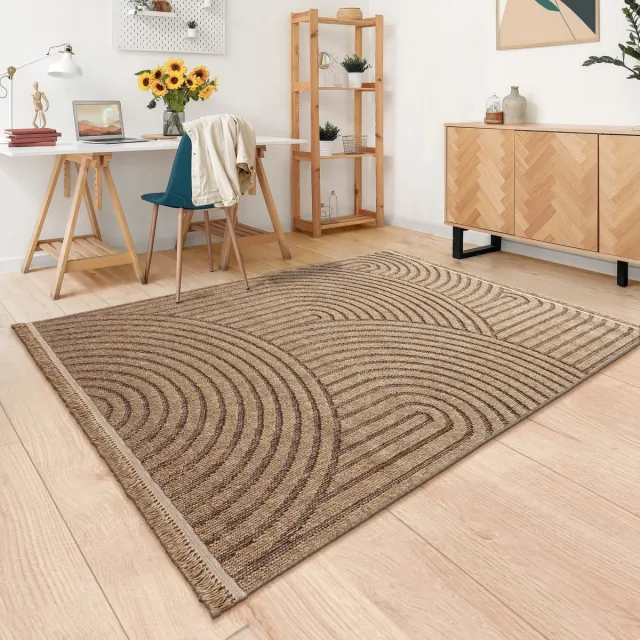 TT Home Binnen- en buitentapijt Woonkamer Weerbestendig Balkon Boho Geo Motief 3D Franjes 200 x 280 cm Rechthoek 200 x 280 cm Rechthoek beige