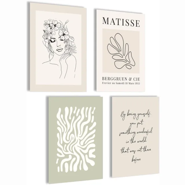 Ibenzoa Moderne bloemenafbeeldingen posterset | Groene afbeeldingen | Slaapkamer decoratie | Matisse posterset | Flower Market wanddecoratie | 4x A4 zonder lijst beige
