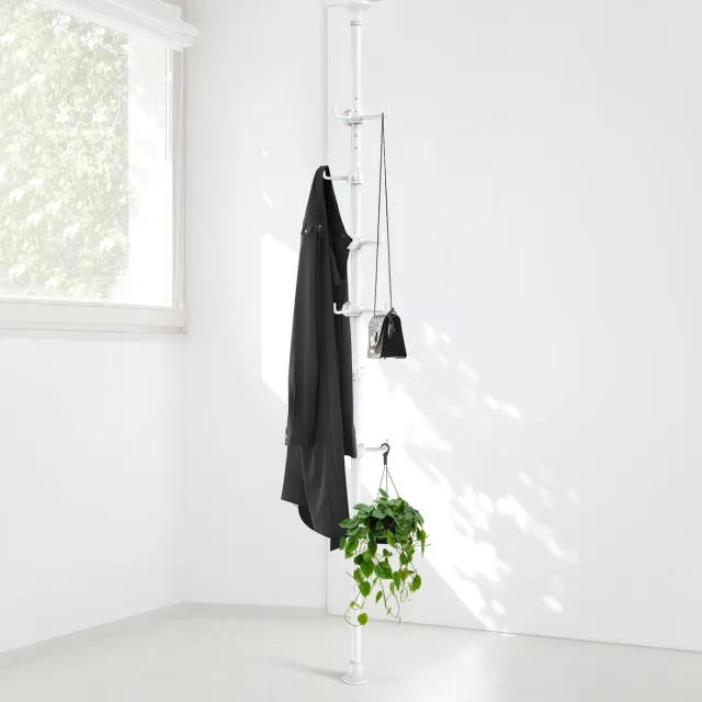 Famanu Instelbare kapstok van 140 tot 310 cm, wit, met 12 haken voor jassen, vesten, hoeden en sjaals, geschikt voor woonkamer, balkon en keuken