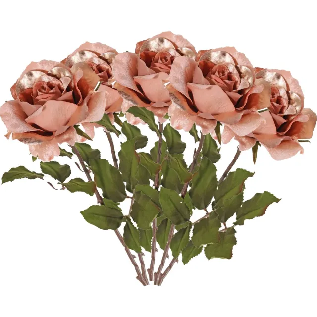 Top Art Kunstbloem roos Glamour - 5x - zalm met goudkleur - satijn - 61 cm - kunststof steel - decoratie bloemen Zalmroze