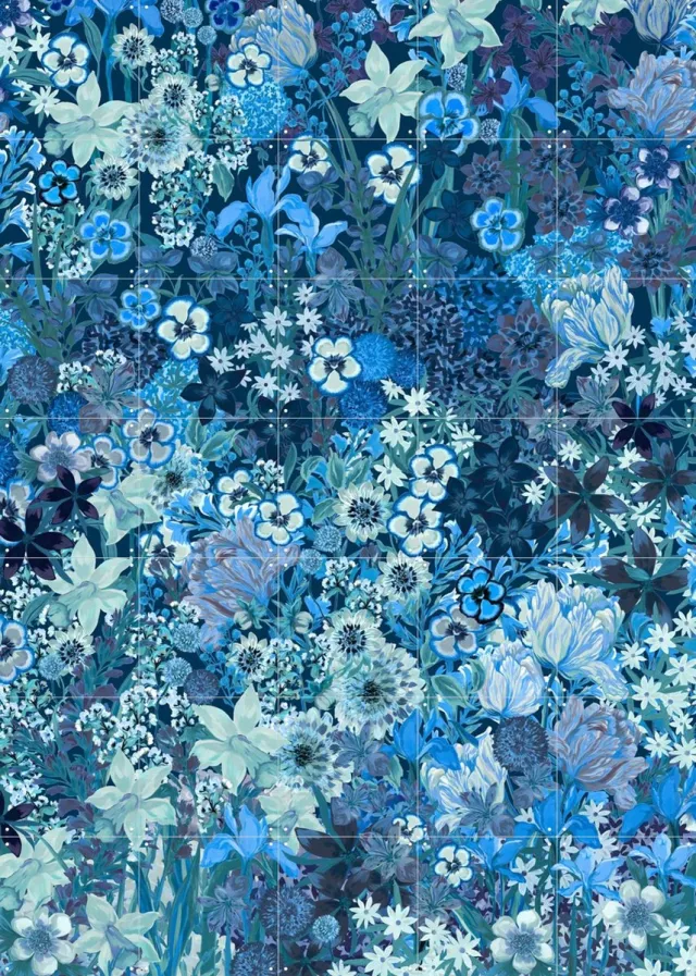 IXXI My Dream Garden Royal Blue, Marylène Madou - 100 x 140 cm - Grote wanddecoratie en posters - Illustraties, Woonkamer, Slaapkamer, Planten Warme kleuren / Blauw / Donkere tinten