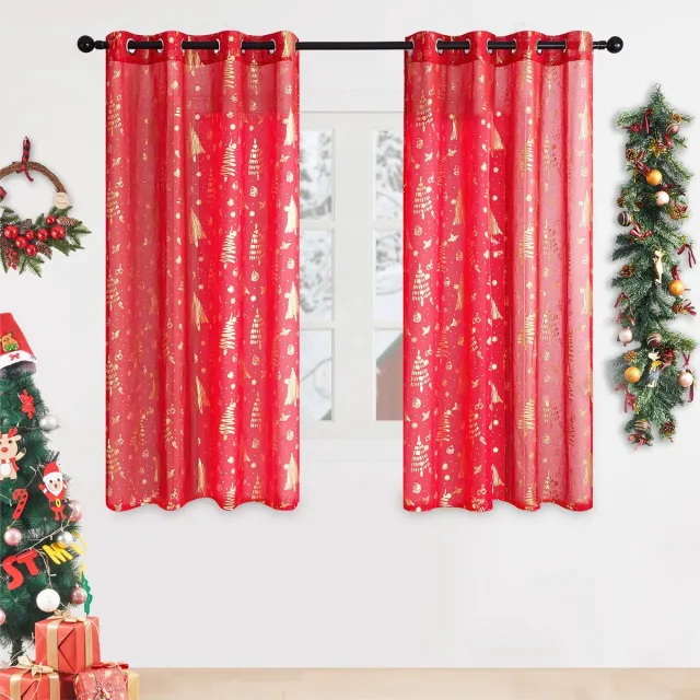 Unyqoos Set van twee moderne semi-transparante kerstgordijnen voor de keuken Kerstrood