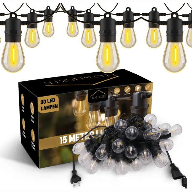 Homezie Lichtsnoer | 15 meter met 30 Kunststof S14 LED lampen | IP65 Waterdicht | Warm wit | Koppelbaar & Dimbaar | Tuinverlichting