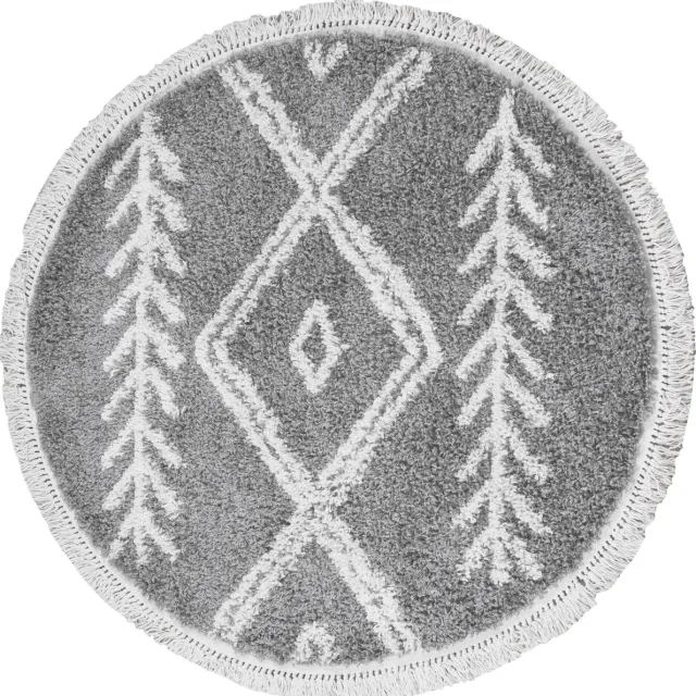 Veer Carpets Vloerkleed Rabat Grey Rond ø120 cm - Hoogpolig Vloerkleed – Berber / Bohemian Design Grijs