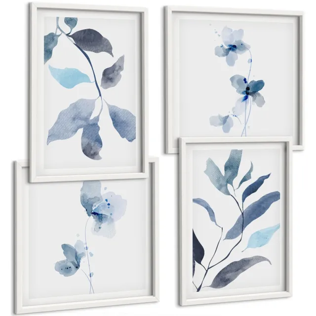Coloray 4-Delige Schilderij Set - Blauwe Bladeren Op Een Lichte Achtergrond In Aquarelstijl - 40 x 40 En 40 x 60 - Stijlvolle Wanddecoratie - Interieur - Moderne Wanddecoratie Witte lijst