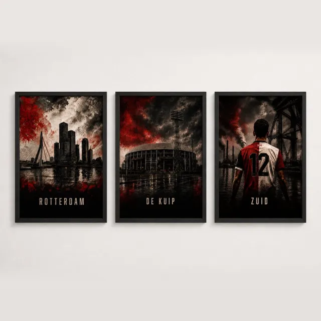 Joshimo Feyenoord Rotterdam Drieluik | Rotterdam, De Kuip en Het Legioen | Voetbal Wanddecoratie | Inclusief 3 Zwarte A4 Lijsten
