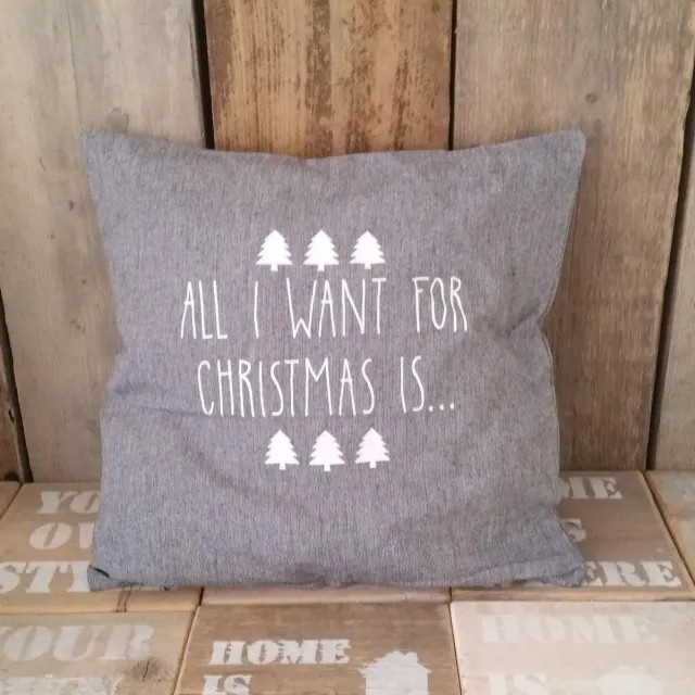 Maison Marcella Kussenhoes kerst tekst All I want for Christmas is grijs