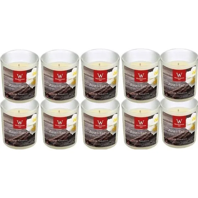 Trend Candles Geurkaars - 10x - in glas - Anti tabac aroma - 25 branduren - 7 x 8 cm - woondecoratie - kaarsen Wit